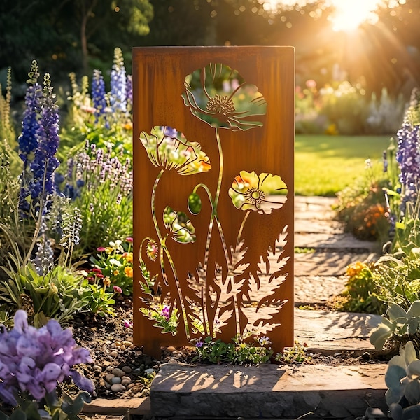 Metal Garden Privacy Screen with Poppy Flowers, Outdoor Decorative Metal Panel, Poppy Flower Garden Decor, Outdoor Panel Decor, Garden Decor