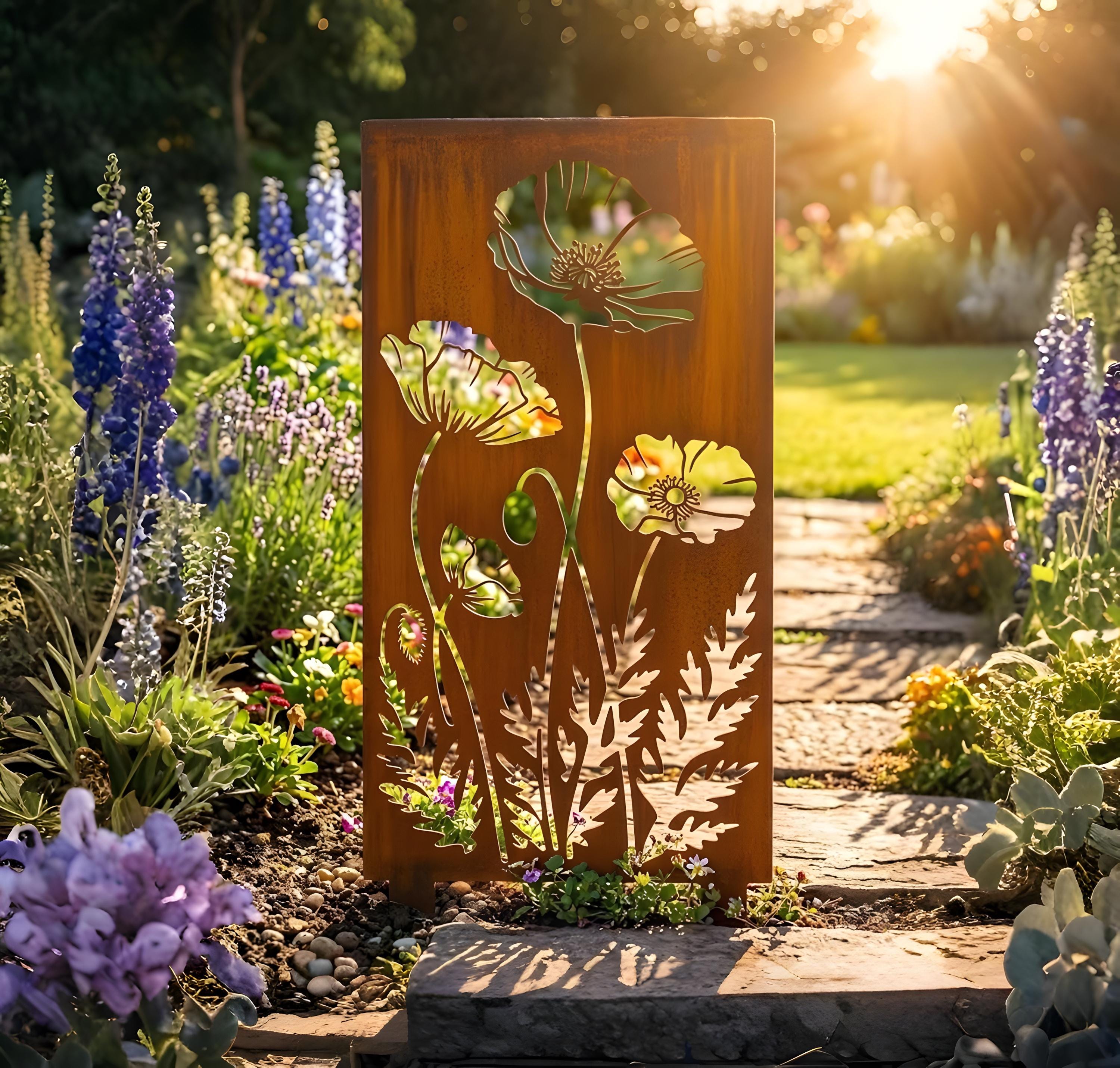 Metal Garden Privacy Screen With Poppy Flowers, Outdoor Decorative