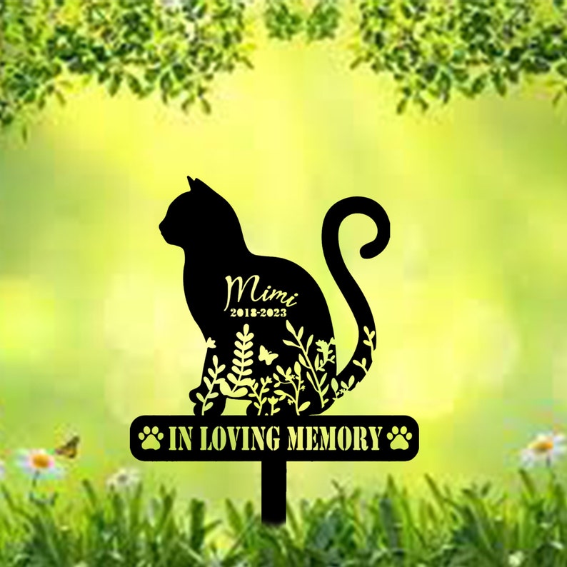 Personalized Cat Memorial Stake, Floral Cat, Cat Loss, Cat Grave Marker