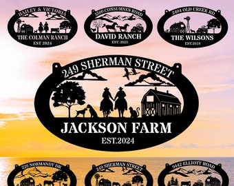 May include: A collection of black metal farm signs with various designs, including a barn, a farmhouse, a horse, a cow, a tractor, and a dog. The signs are oval-shaped and have a rustic look. The text on the signs includes the name of the farm, the address, and the year it was established.