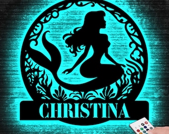 Custom Mermaid Sign with Led Light, Mermaid Home Decor, Mermaid Wall Art, Mermaid Lover Gift, Beach House Decor, Mermaid Tail Name Sign