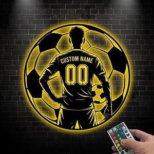 Personalized Soccer LED Wall Art, Soccer Player Name Sign, Soccer Metal Sign, Football Lover Gift, Sport Room Decor, Gift for Son, Boyfriend
