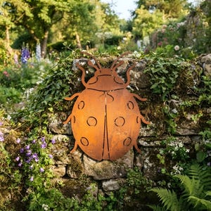 Può includere: Una decorazione da giardino a forma di coccinella in metallo color ruggine, caratterizzata da un corpo simmetrico con punti circolari ritagliati, antenne ricurve e sei zampe. La scultura piatta presenta una finitura ossidata e usurata.