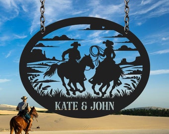 Personalized Cowboy Cowgirl Metal sign, Couple's Ranch Sign, Western CowBoy sign, Country Living Decor, Equestrian Sign, Western Decor