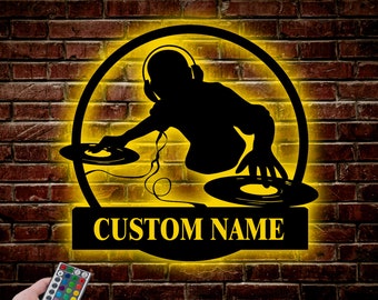 Custom name DJ player metal sign with LED lights, personalized Dj Name sign, Dj wall hanging decor, man cave decor,dad gifts, DJ led sign