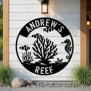 Ocean Reef Benutzerdefinierte Metallschild, Riff Metall Namensschild, Korallenriff Zeichen, Strandhaus Wandkunst, Ocean Decor Plaque, Ozean Thema Metall Wandkunst