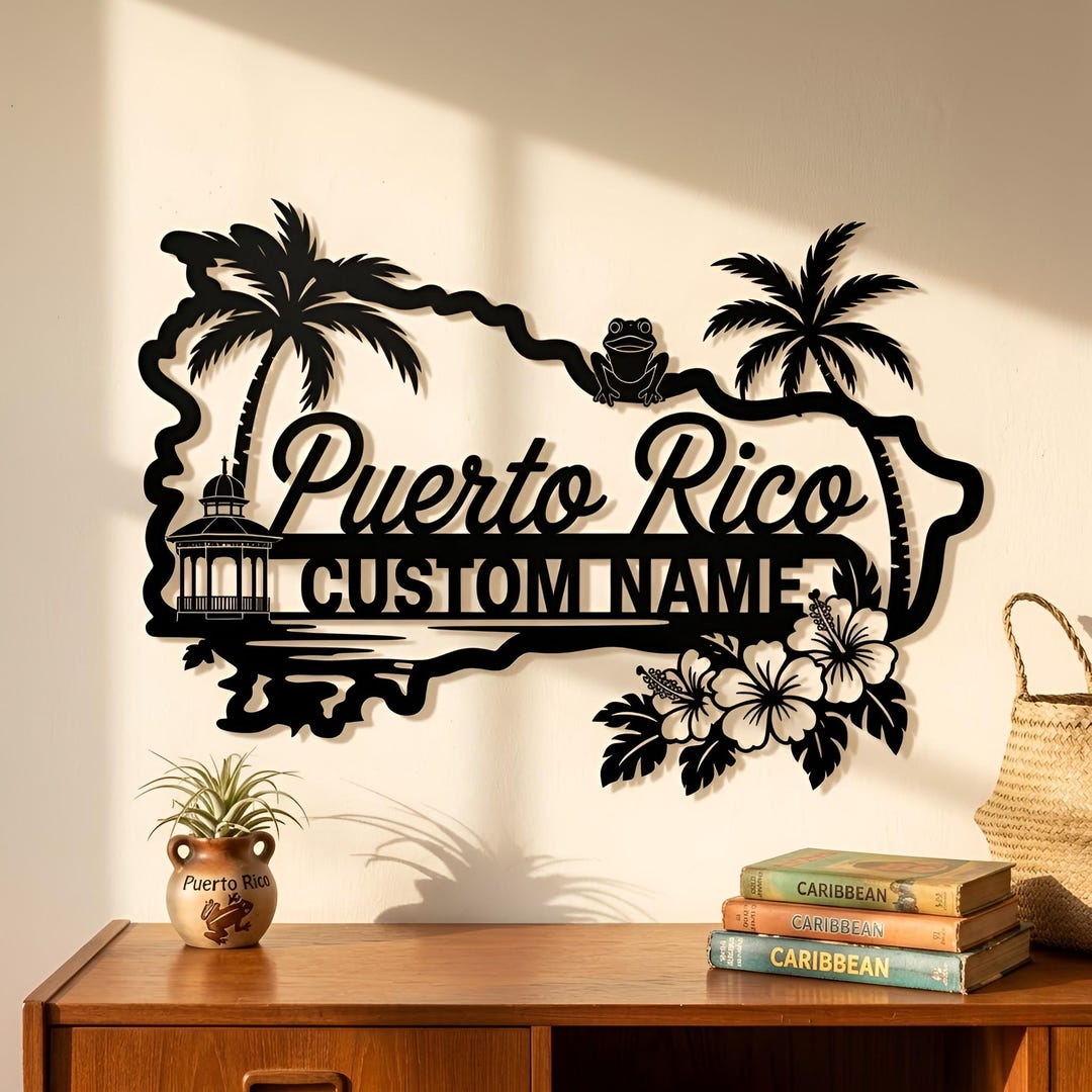 Puerto Rico Custom Name Metal Sign, Island Map Wall Art, Tropical Palm ...