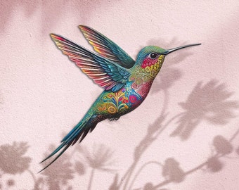May include: A colourful hummingbird with intricate patterns and designs on its feathers, flying against a light pink background.