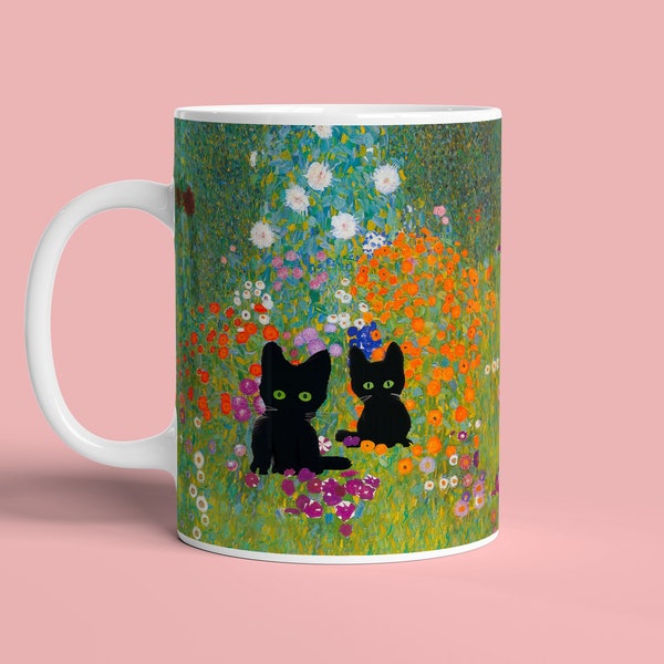 tasse de café de chat | Jardin du cottage Klimt | d'art de chat | Cadeaux pour les amoureux des chats | Cadeau fête des mères | tasse à café | Botanique