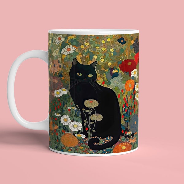 tasse de café de chat | Klimt Black Cat dans un jardin | d'art de chat | Cadeaux pour les amoureux des chats | Cadeau fête des mères