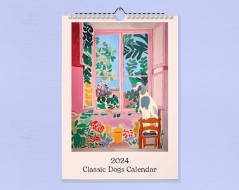 Classic Dogs 2024 Wall Calendar -  Monthly Calendar, Illustrated 12 Month Calendar, Wall Decor, Gift Dog Lover - 2025 Option