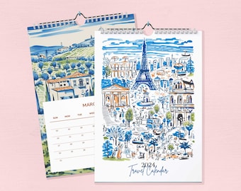 Kalender, 2024 blauwe reismuurkalender, maandkalender, reiskalender, geïllustreerde 12 maandenkalender, reiscadeau, wanddecoratie