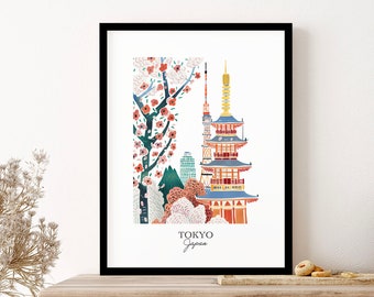 Tokyo Japan Gouache Travel Illustration Wall Art Print Poster Framed Art Gift