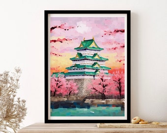 Osaka Castle Japan Travel Art Print, Poster, Wall Art, Vintage Illustration