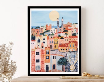 Barcelona Spain Gaudi Travel Art Print, Poster, Wall Art, Vintage Illustration