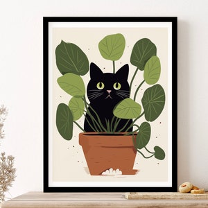 Black Cat In A Plant Pot Cute Illustration Wall Art Print Poster Framed Art Gift