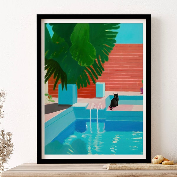 Hockney Black Cat By The Pool Painting Wall Art Print Poster Framed Art Gift