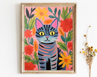 Cat portrait with plants matisse style painting Digital Download