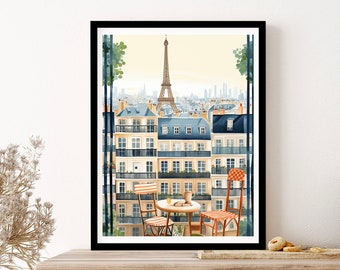 Paris France Eiffel Tower Travel Art Print, Poster, Wall Art, Vintage Illustration