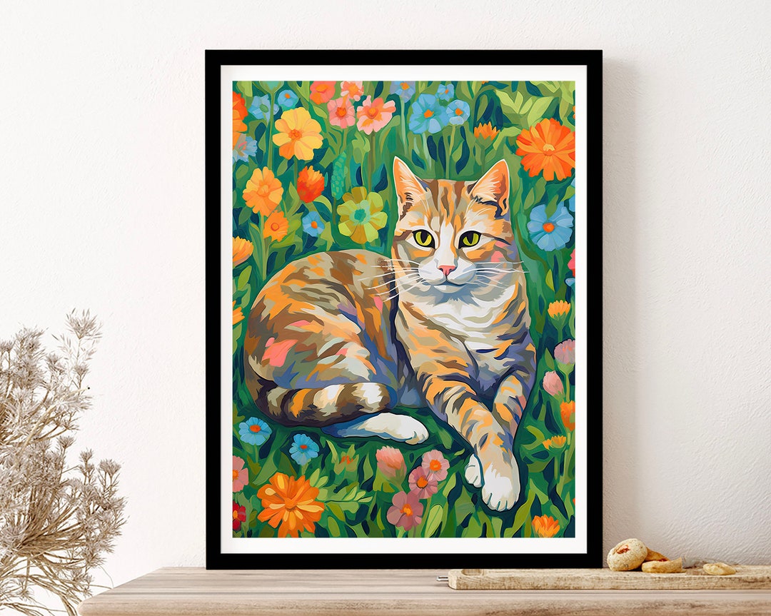 Orange Cat Chilling With Flowers Oil Painting Wall Art Print Poster ...