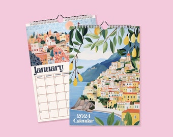 Wall Travel Calendar 2024, Monthly Calendar Planer, Travel illustrated calendar, Stationary - Watercolor - 2025 Option