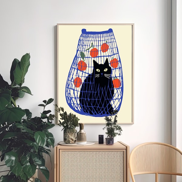 Gato negro en una bolsa de red azul con naranja - Impresión de arte - Ilustración - Descarga digital