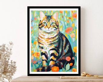 Fluffly Cat Oil Painting Wall Art Print Poster Framed Art Gift