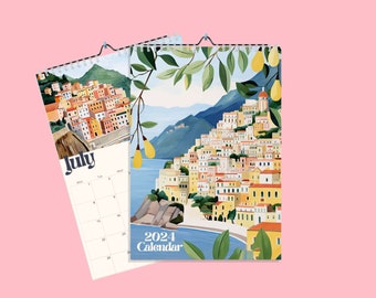 Wall Travel Calendar 2024, Monthly Calendar Planer, Travel illustrated calendar, Stationary - Watercolor - 2025 Option