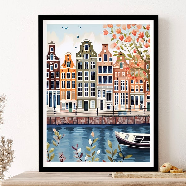 Amsterdam Pays-Bas Canals aquarelle illustration 2 Affiche d'art mural de voyage