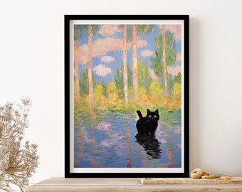 Monet Waterlilies With Black Cat Water Wall Art Print Poster Framed Art Gift