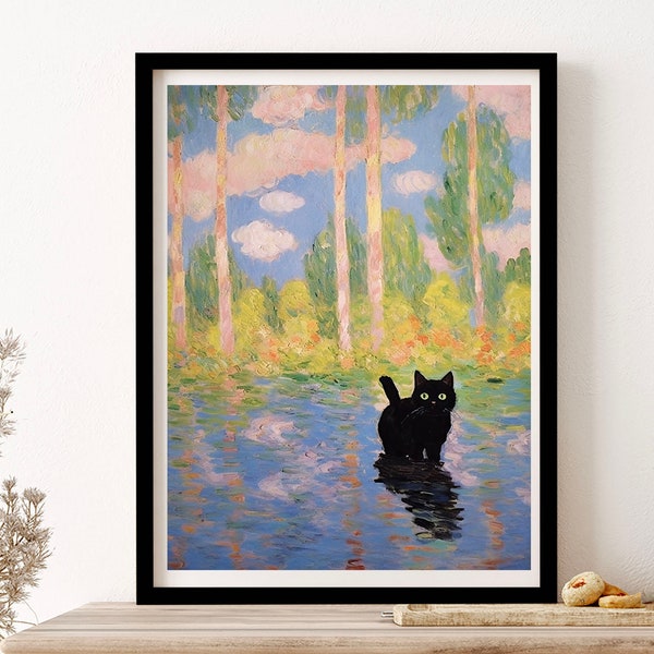 Monet Waterlilies con póster de arte impreso de arte de pared de agua de gato negro