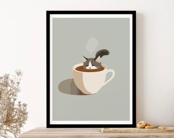 Cat In Coffee Cup Quirky Illustration Kitchen Wall Art Print Poster Framed Art Gift