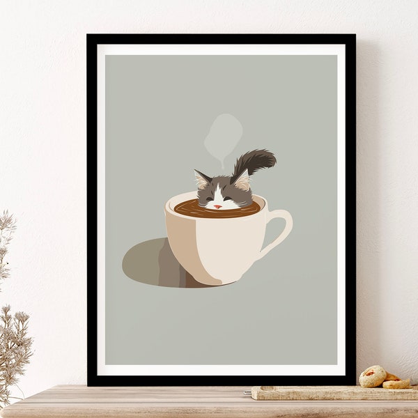 Illustration originale de chat dans une tasse à café, impression d'art mural de cuisine, affiche encadrée, cadeau artistique