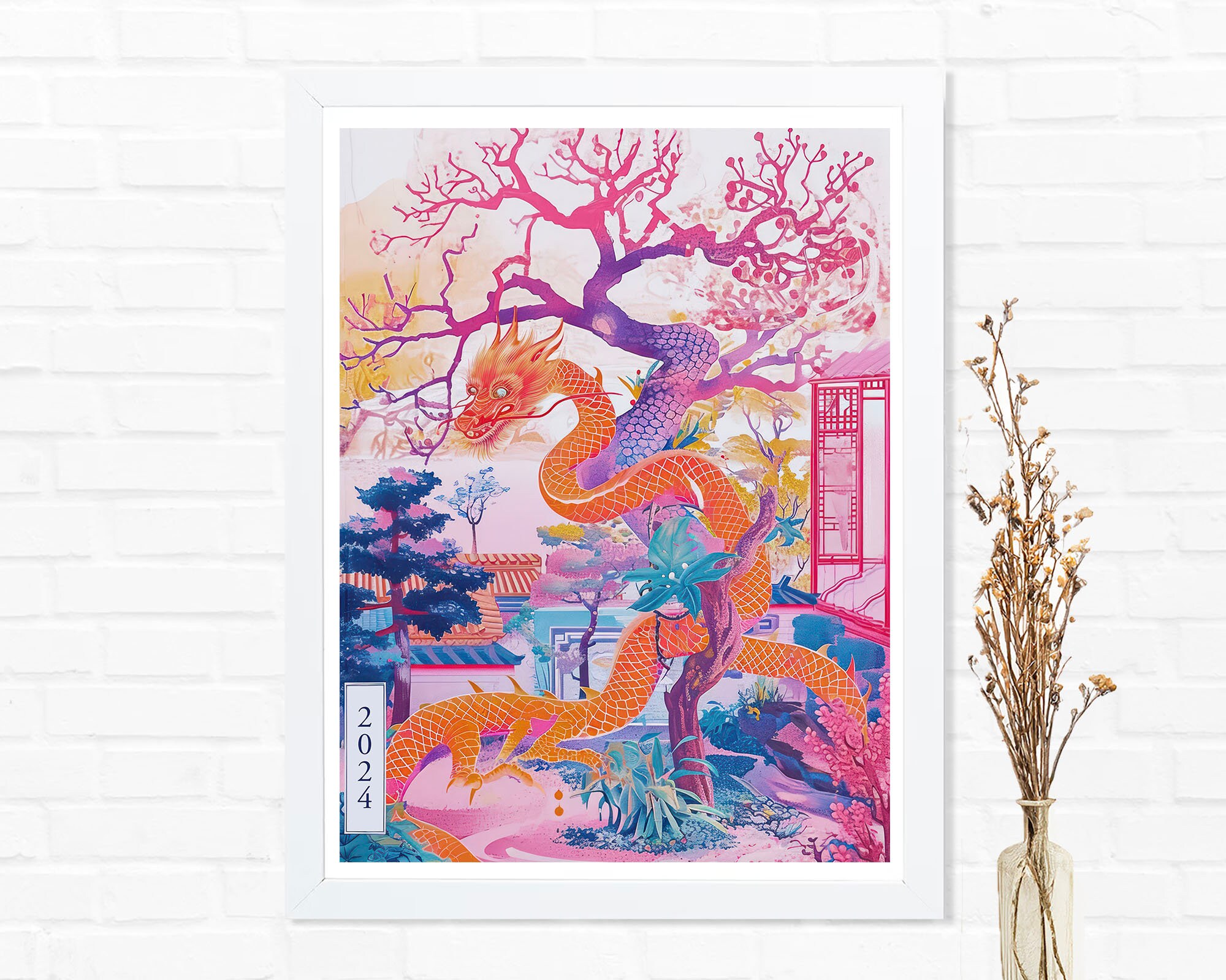 Discover Lunar Year Of The Dragon 2024 Pink Blue Wall Art Print Poster