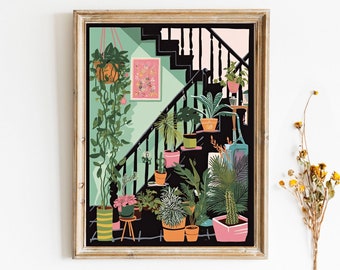 Botanical Stairs with House plants Hallway Pink and green Digital Download