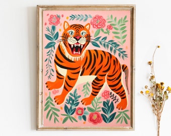 Tiger on pink with flowers Digital Download