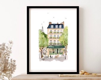 Paris Street Cafe -Szene mit Eiffelturm Aquarell Wandkunst Print Poster gerahmt Kunstgeschenk