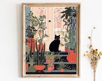 Black Cat with House Plants Illustration Wall Art, Botanical Art, Cat Prints, Digital Download Art