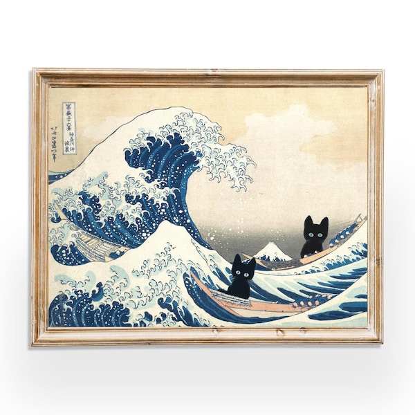 Hokusai Art Black Cats in the The Great Wave Off Kanagawawith Art Print Cat, Japanese Art, Digital Download
