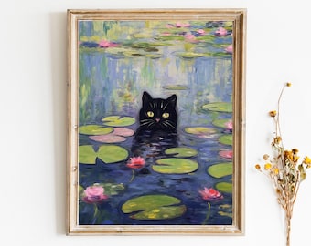 Claude Monet Style, Water Lilies and a black cat, Cat lovers, Cats Wall Art, Cats Art Prints and Posters, Digital Download Art