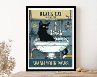 Black Cat Wash Your Paws Poster Bathroom Decoration Print Animal Picture Vintage Wall Art Print Poster Framed Art Gift