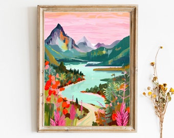 Lake Mountain Travel illustration Painting Botanical Housewarming Anniversary Digital Download