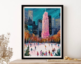 New York The Rink At Rockefeller Center Travel Art Print, Poster, Wall Art, Vintage Illustration