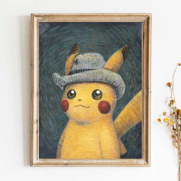 Pikachu X Van Gogh, Téléchargement numérique haute résolution, Pikachu avec feutre gris, Carte Pokémon, Art pour enfants, Art des joueurs