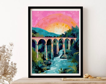 Nine Arch Bridge Sri Lanka Sunset Travel Art Print, Poster, Wall Art, Vintage Illustration