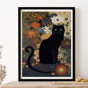 Gustav Klimt Garden, Black Cat With Flowers Meadow Wall Art Print Poster Framed Art Gift