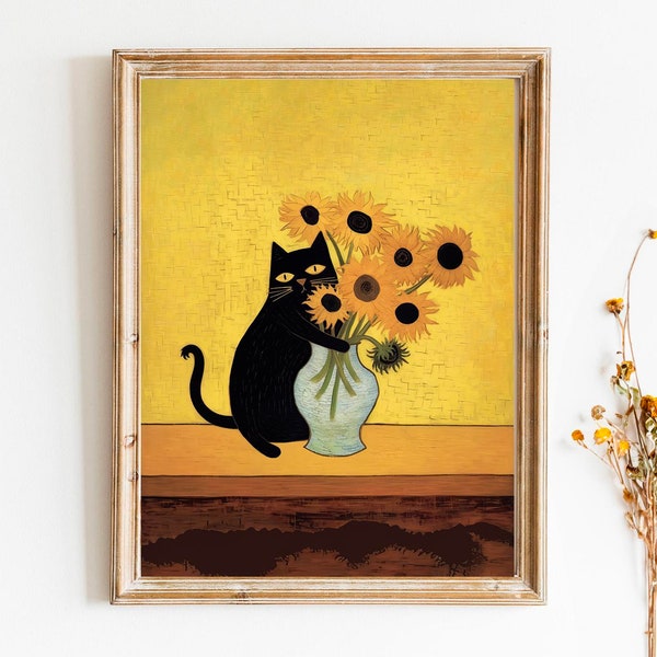 Black Cat with sunflower vase van gogh Digital Download