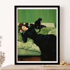 Decadent Young Woman After The Dance With Black Cats Wall Art Print Poster Framed Art Gift