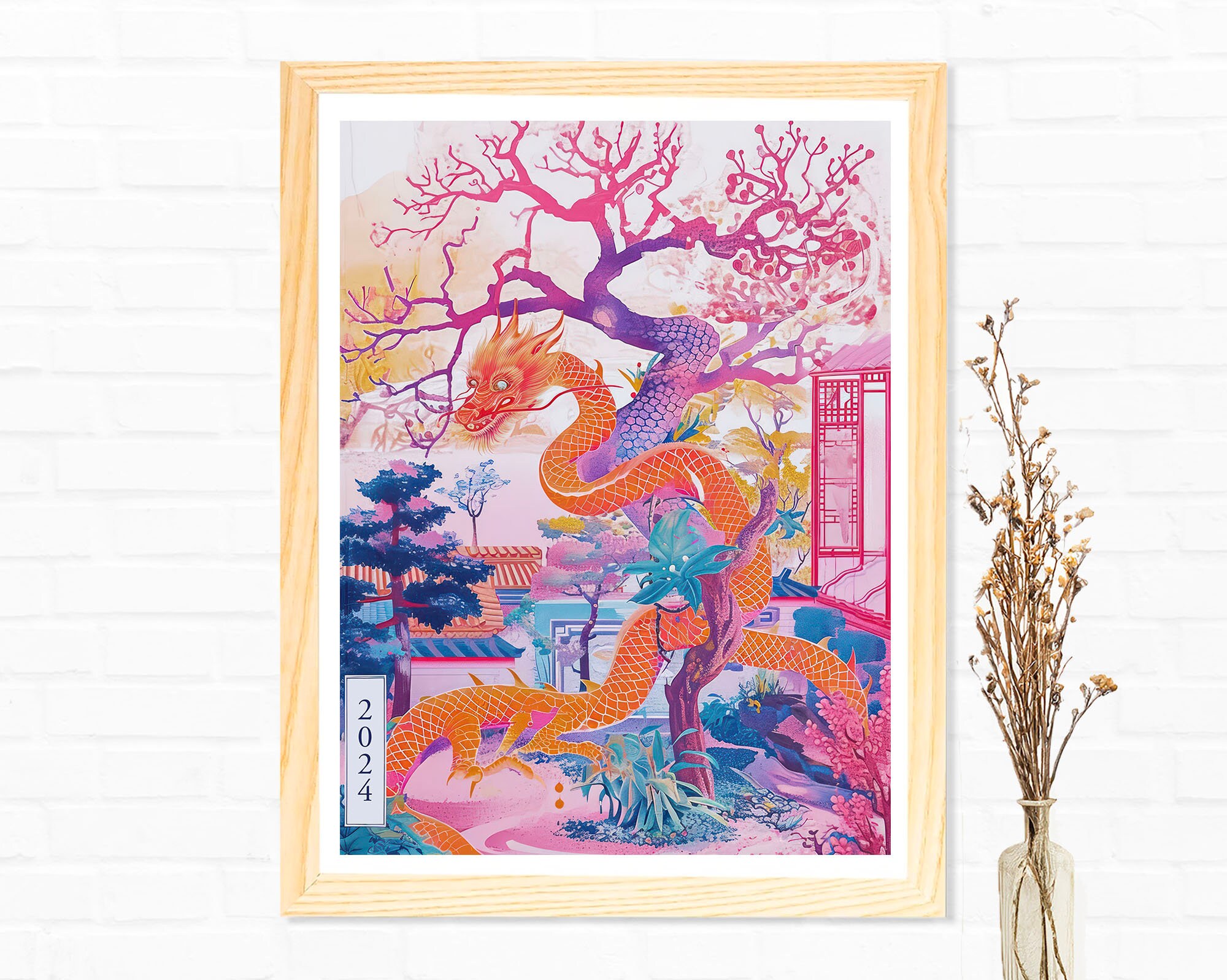 Discover Lunar Year Of The Dragon 2024 Pink Blue Wall Art Print Poster