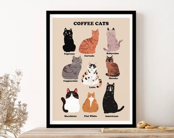 Coffee Cats Kitchen Wall Art Print Poster Framed Art Gift